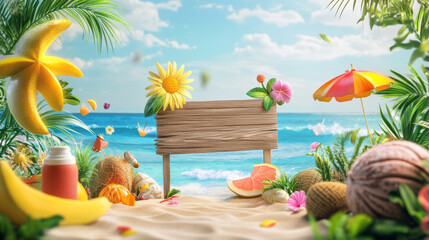 Hello Summer poster or banner template featuring a wooden sign and a tropical beach scene with the sun and party elements. Ideal for product displays, this tropical summer scene is perfect for promoti