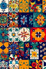 カラフルな花柄と幾何学模様のメキシカンセラミックタイルの縦画像