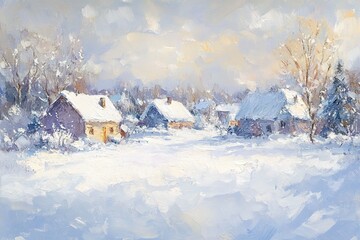 Naklejka premium Snow-covered village with cottages and trees under a cloudy sky