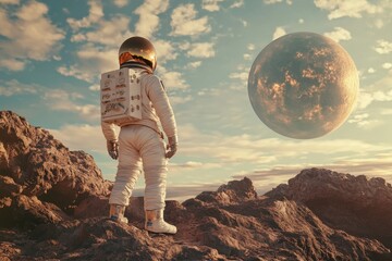 Spaceman with planet, illustrating human in space concept, ideal for cosmic photography enthusiasts