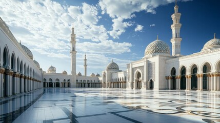 Fototapeta premium An Islamic Mosque with White Marble Walls and Domes, Under a Blue Sky with White Clouds, and a Clean, Empty Courtyard.
