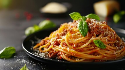 Realistic photo of spaghetti bolognese with fresh basil and parmesan on black serving platter