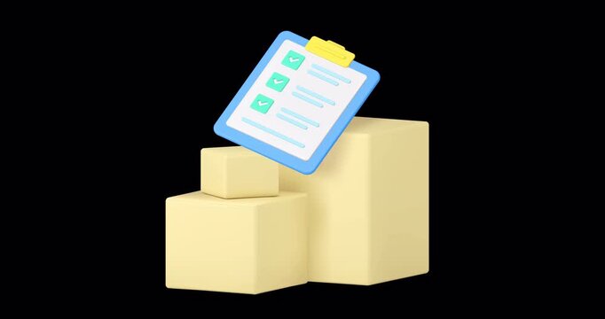 Cargo parcel shopping order post delivery service 3d icon animation with alpha channel. Freight shipping logistic distribution warehouse import export moving cardboard box clipboard