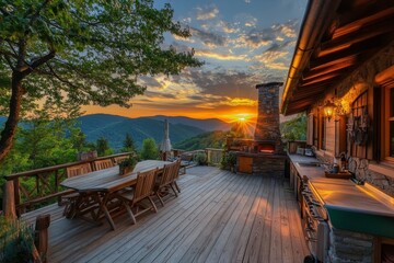 Obraz premium Vintage style mountain house with outdoor kitchen, dining area at sunset, cozy atmosphere