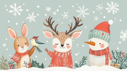 A cartoon of a rabbit, a deer, and a snowman