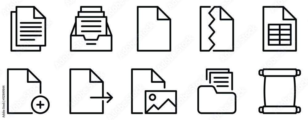 Poster document and paper icon set organized line style collection for office essentials