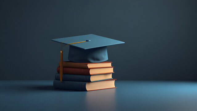 A stack of colorful textbooks and a graduation cap and deploma 
