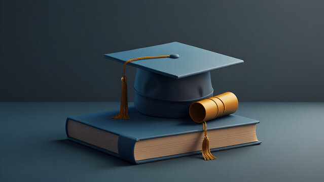 A stack of colorful textbooks and a graduation cap and deploma 
