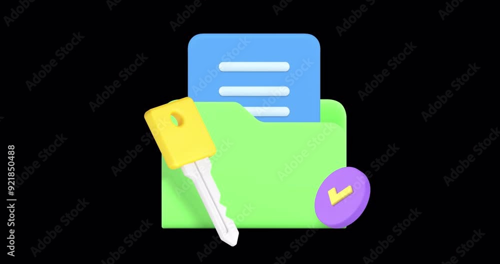 Poster key takeaway business document folder with pass 3d icon animation loop with alpha channel. database 