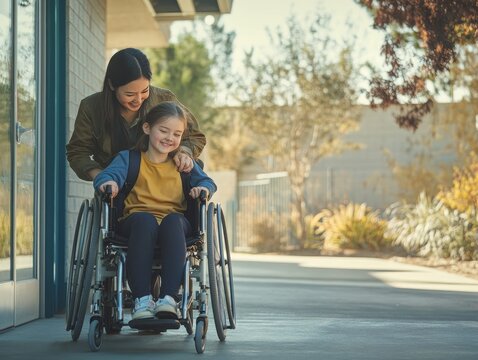 Asian teacher assisting caucasian girl in wheelchair after school for inclusive education support