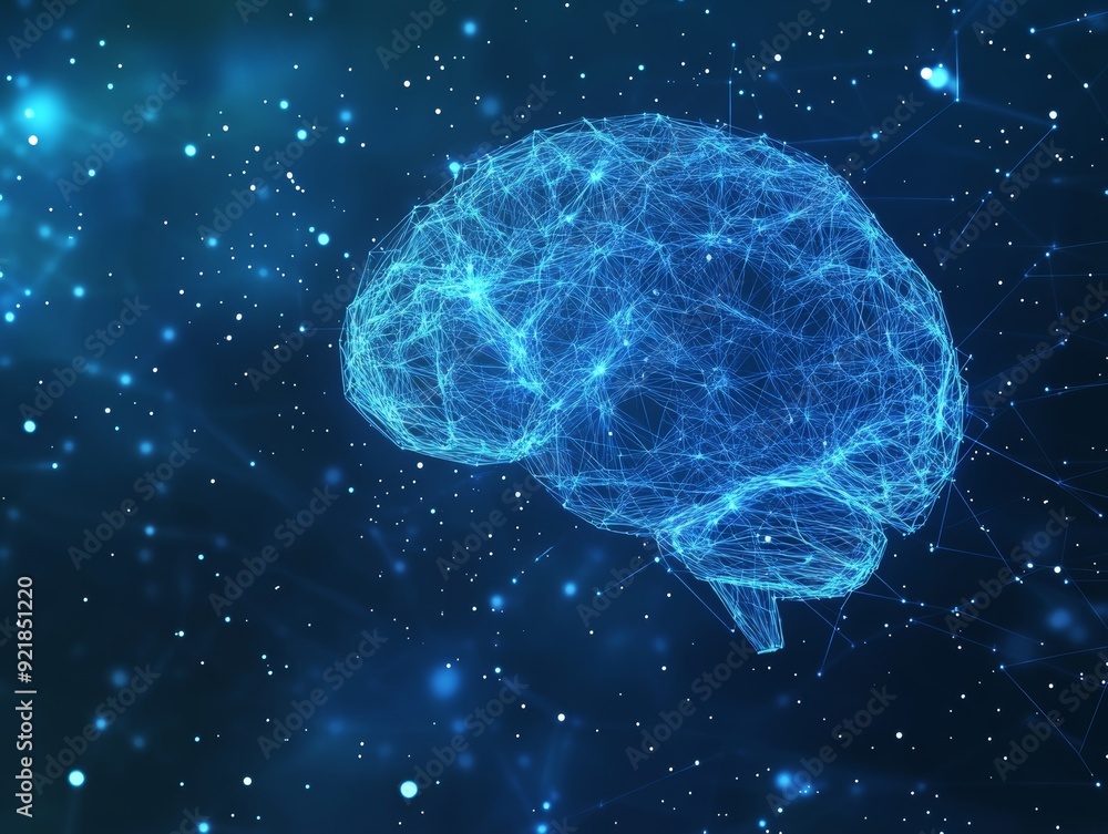 Poster abstract brain background with polygonal grid in blue gradient technology design stock photo
