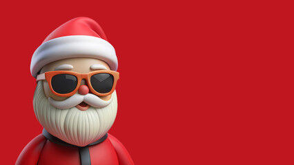 3D rendered cute isolated illustration of Santa Claus in sunglasses isolated on a red studio background with space for text. Concept - secret Santa, Christmas banner, new year, mystery raffle of gifts