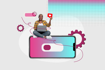 Composite photo collage of happy american girl sit phone screen like notification laptop social...