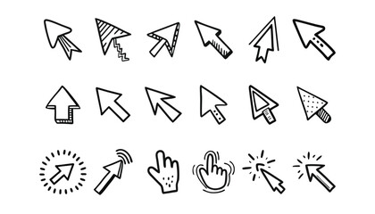 Cursor icon set. Doodle click icon set. Hand drawn mouse cursor. Hand drawn vector illustration. Isolated on white background.