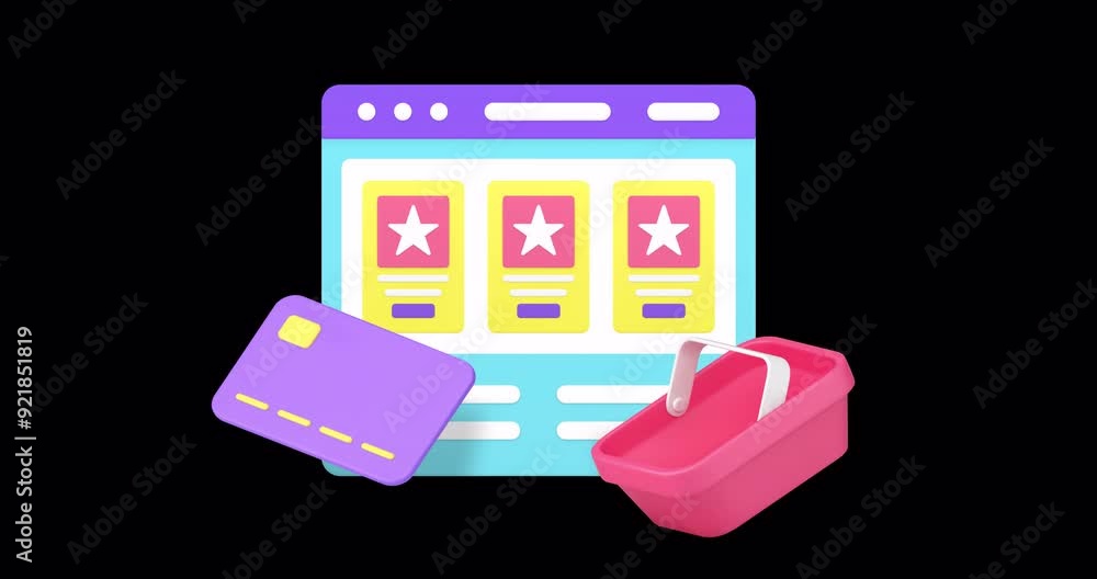 Poster online shopping marketplace web browser order purchase 3d icon animation loop with alpha channel. in