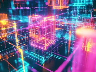 Obraz premium Neon geometric structures abstract cyberspace illustration for futuristic tech themes