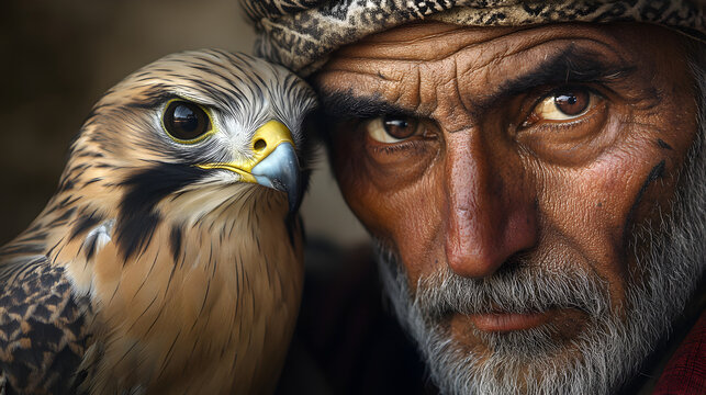 A series of close-up portraits of falconers, with intense focus on their faces as they interact with their birds, captured in the midst of their ancient practice.
