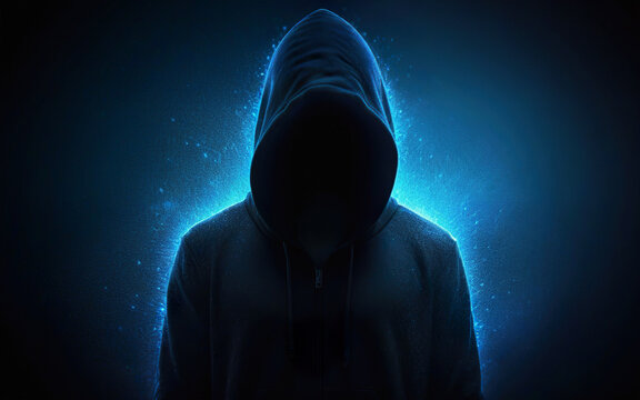 hacker, scammer, criminal in a hoodie with his face hidden in the shadows