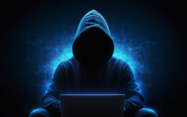 hacker, scammer, in a hoodie with his face covered in shadow, working with a laptop, cybersecurity