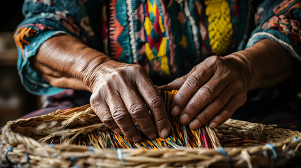 A series of close-up portraits of indigenous artisans, with hands and faces focused on their craft, surrounded by traditional materials and tools.


