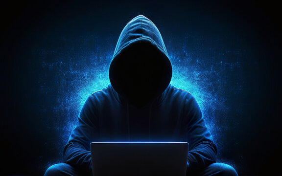 hacker, scammer, in a hoodie with his face covered in shadow, working with a laptop, cybersecurity - Powered by Adobe