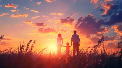 Fototapeta premium Family Silhouettes at Sunset in a Field