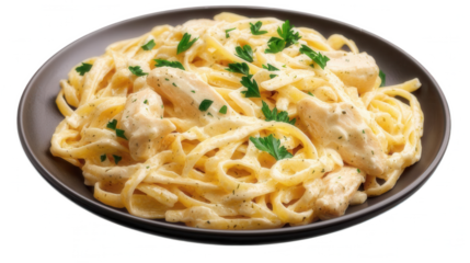 A plate of chicken Alfredo pasta with parsley on transparent background