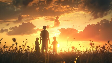 Fototapeta premium Silhouetted Family Walking into the Sunset