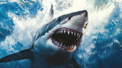 Fototapeta premium Great White Shark with Open Mouth in Ocean Water