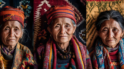 Fototapeta premium A series of close-up portraits of traditional weavers, with intricate patterns and threads in the background, capturing the focus and artistry in their expressions.