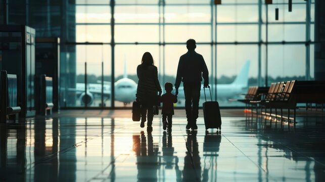 Silhouettes of a Family Walking Through an Airport Terminal