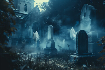 Obraz premium Creepy ominous atmosphere of a cemetery shrouded in fog, with crosses, skeletons, zombies, pumpkins for Halloween