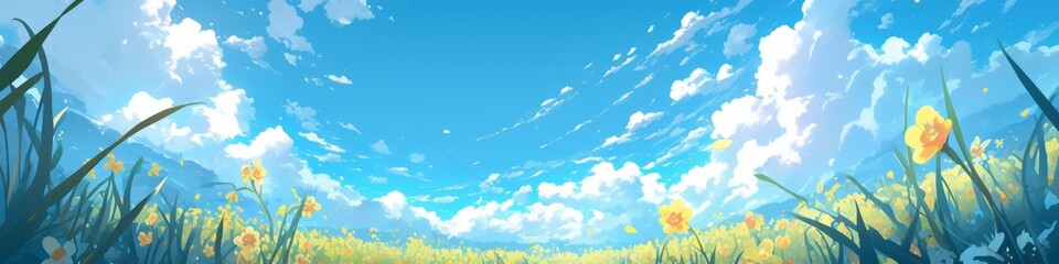 Obraz premium Enchanting Winter Daffodil Wonderland: 4K Anime-Style Illustration of Magical Snowy Landscape with Vibrant Blue Sky and Delicate Flowers. Dreamy Scenic Artwork for Creative Marketing, Game Design, and