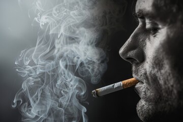 Obraz premium Close up of a man smoking with smoke artistically obscuring his face illustrating the hidden impacts of smoking