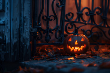 Obraz premium Jack O Lantern by the fence in the fog. Creepy, ominous Halloween atmosphere