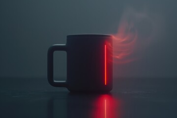 An isolated smart coffee mug releases steam, illuminated by a glowing red line, capturing an atmosphere of innovation and warmth.