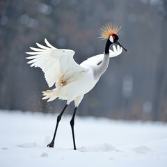 Obraz premium Red-Crowned Crane Walking Gracefully on Snow