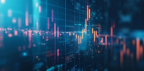 Fototapeta premium Luxury blue background with candlestick chart of stock market, financial graph line and business growth concept.