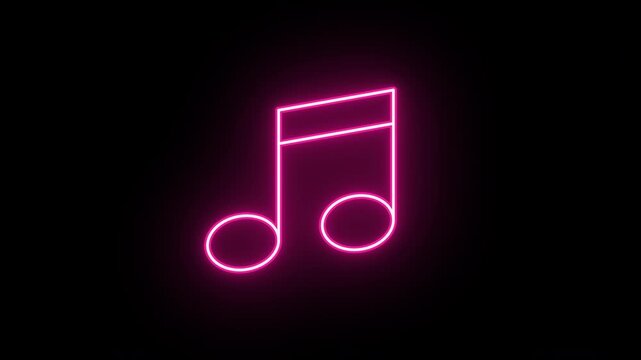 Neon music icon animation, fast colorful flicker. Glowing neon music note, looped fast winking animation. Melody sound, musical note, music track, audio podcast, song, disco party. Colorful blink