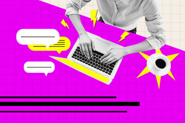 Composite photo collage of business human sit office type message laptop keyboard type messenger...