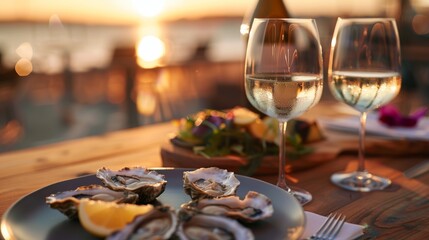 Fototapeta premium Luxury seaside dining with sunset glow, oysters, salad, wine glasses in serene ambiance