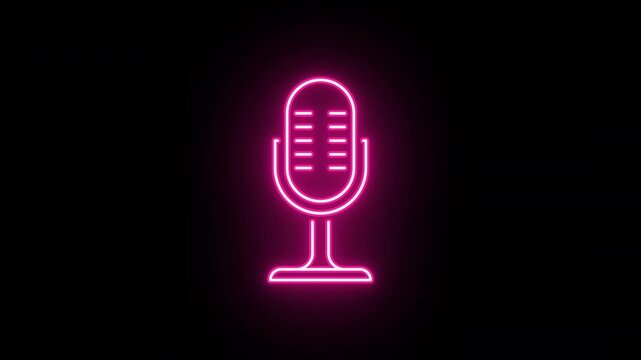 Neon mic icon animation, fast colorful flicker. Glowing neon microphone sign, looped fast winking animation. Audio podcast, live voice interview, on air, radio show, sound record. Colorful blink