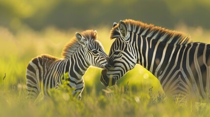 Zebra foal nuzzling mother in meadow, realistic photo of harmonious stripes and warmth