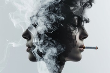 Obraz premium Intimate portrait of a smoker with smoke weaving through their features capturing the entwining of identity with addiction