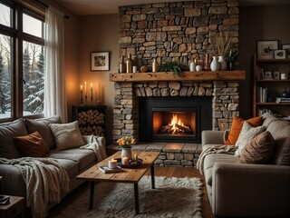 The living room has a warm and inviting atmosphere, featuring a comfortable sofa adorned with a knitted blanket. winter theme