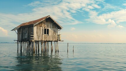 A wooden fisherman hut on poles in the water.