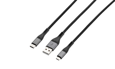 Black cable for charging and synchronization with Type - C, USB, Micro USB, Lightning connectors on a white background close-up