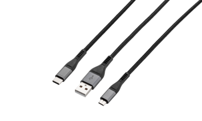 Black cable for charging and synchronization with Type - C, USB, Micro USB, Lightning connectors on a white background close-up