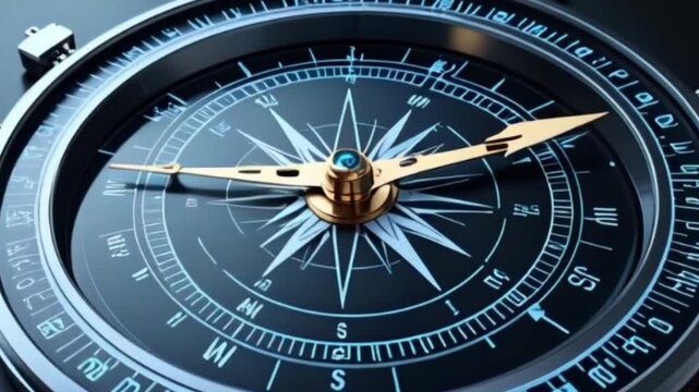 Seamless looping 4k time-lapse virtual video of close-up detailed compass with golden needle representing navigation and direction in exploration and travel