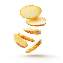 Close up of potato slices in the air on an isolated white background